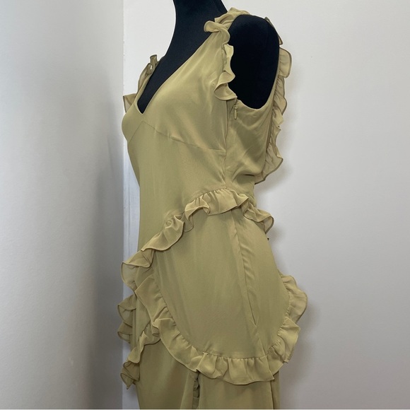 House of CB- PIXIE Olive Ruffle Maxi Dress Size Large Green V Neck Summer - Picture 9 of 15